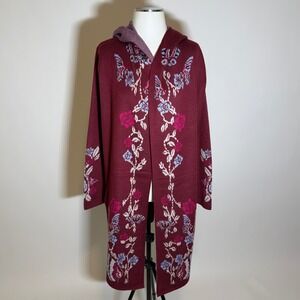 NWD Max Sport Burgundy Butterfly Open Front Hooded Cardigan Duster Womens Medium